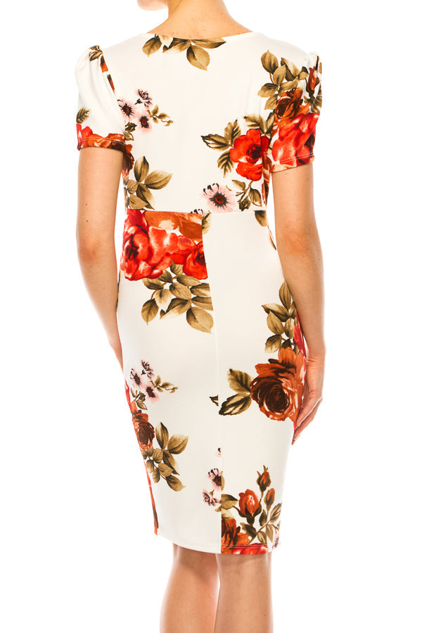 Floral print, sheath dress with deep v-neckline FashionJOA