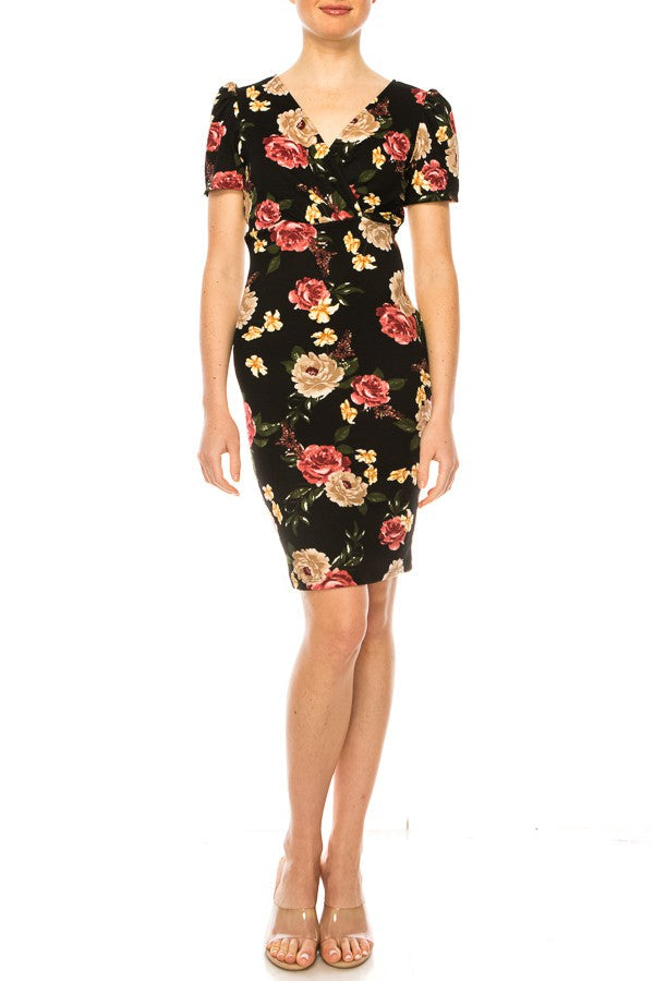 Floral print, sheath dress with deep v-neckline FashionJOA