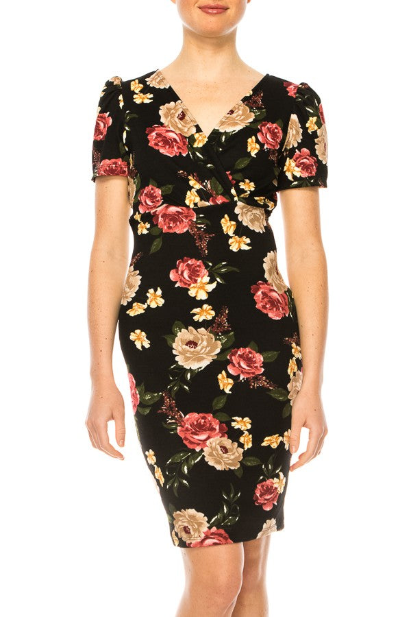 Floral print, sheath dress with deep v-neckline FashionJOA