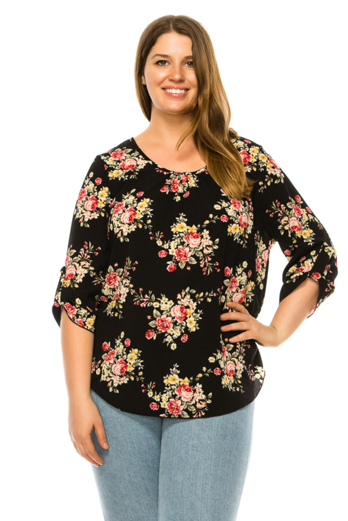 Women's Plus Floral Print Round Neck Roll Tab Sleeve Blouse Top - FashionJOA