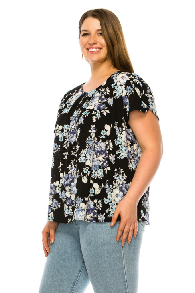 Women's Plus Floral print pleated front top with over lapping short sleeves - FashionJOA