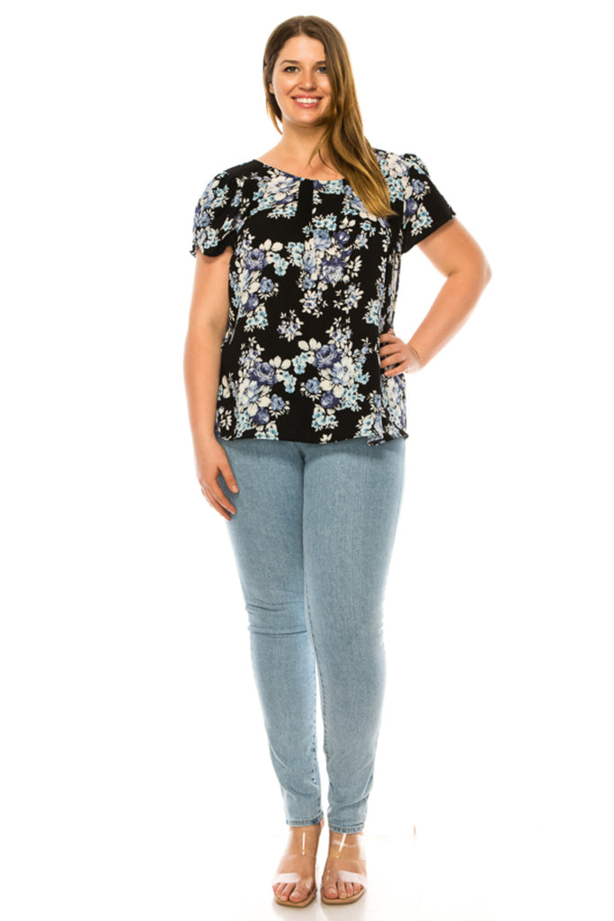 Women's Plus Floral print pleated front top with over lapping short sleeves - FashionJOA