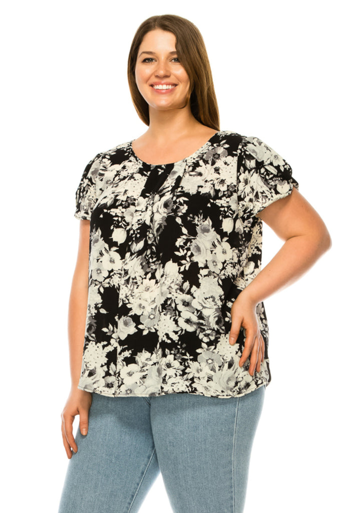 Women's Plus Floral print pleated front top with over lapping short sleeves - FashionJOA