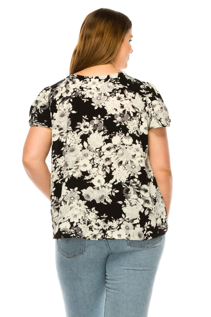 Women's Plus Floral print pleated front top with over lapping short sleeves - FashionJOA