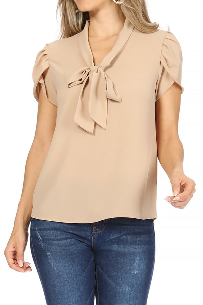 Women's Casual Petal Sleeve Bow Tie Neck Short Sleeve Blouse Top - FashionJOA