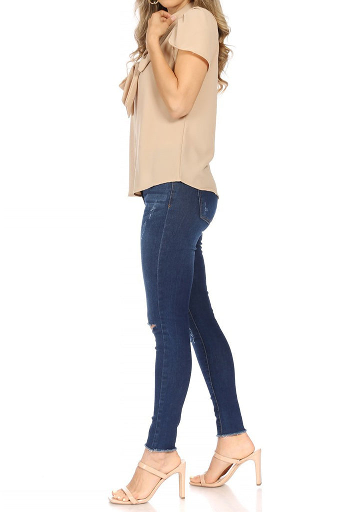 Women's Casual Petal Sleeve Bow Tie Neck Short Sleeve Blouse Top - FashionJOA