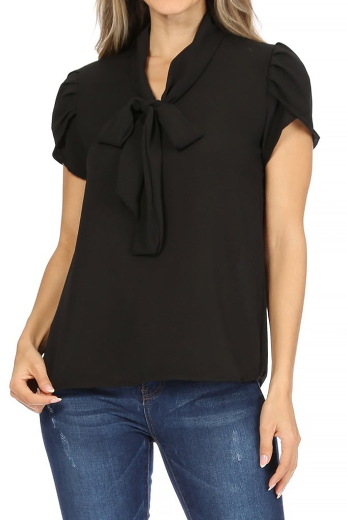 Women's Casual Petal Sleeve Bow Tie Neck Short Sleeve Blouse Top - FashionJOA