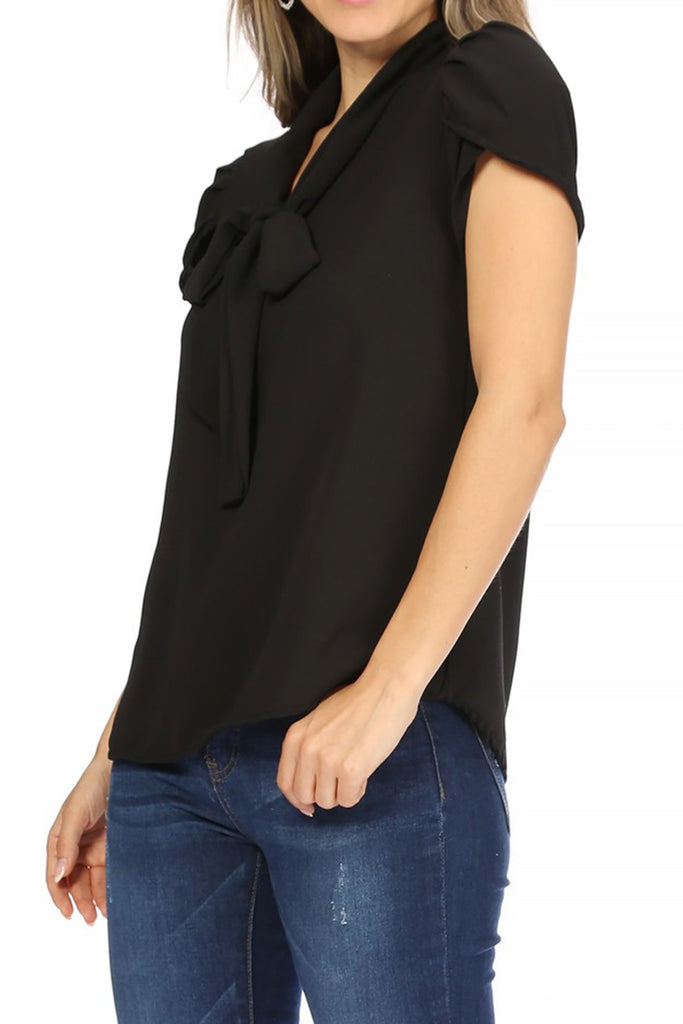 Women's Casual Petal Sleeve Bow Tie Neck Short Sleeve Blouse Top - FashionJOA