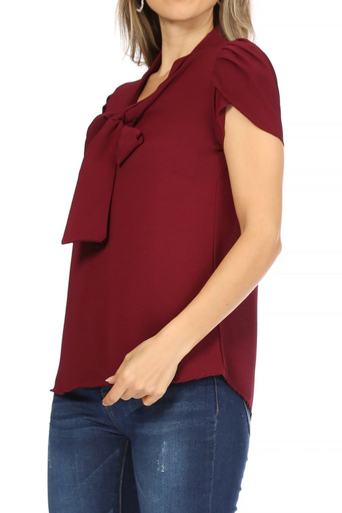 Women's Casual Petal Sleeve Bow Tie Neck Short Sleeve Blouse Top - FashionJOA