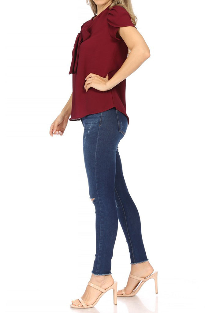 Women's Casual Petal Sleeve Bow Tie Neck Short Sleeve Blouse Top - FashionJOA