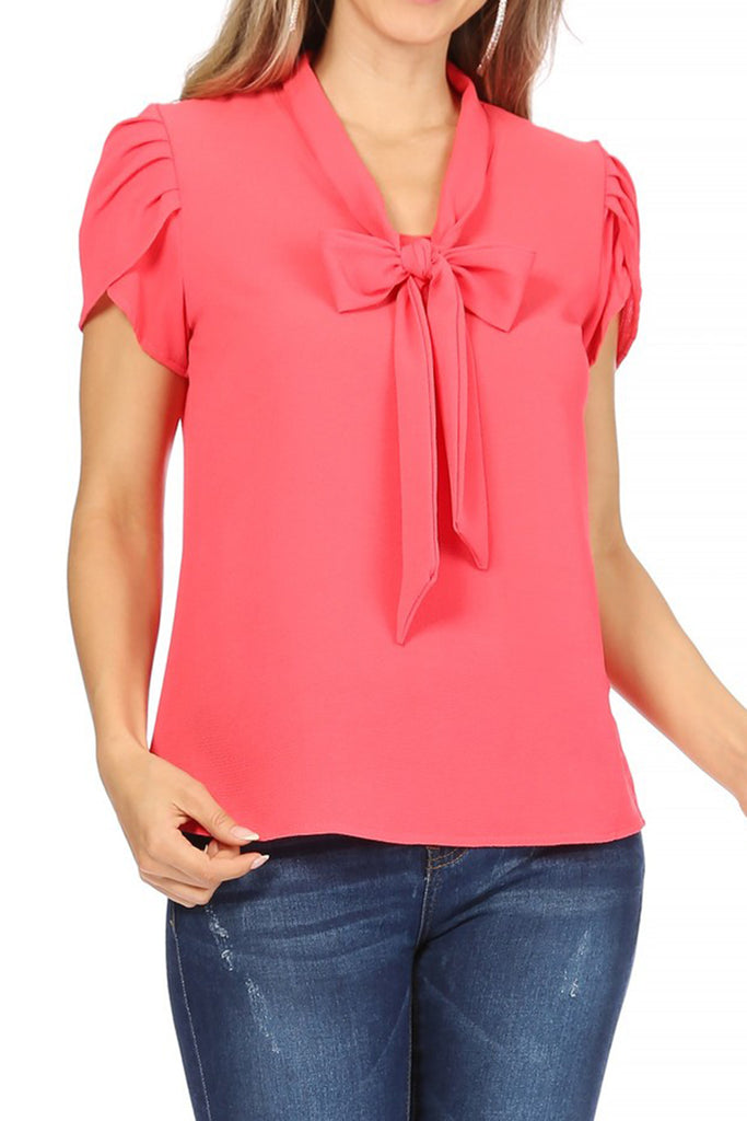 Women's Casual Petal Sleeve Bow Tie Neck Short Sleeve Blouse Top - FashionJOA