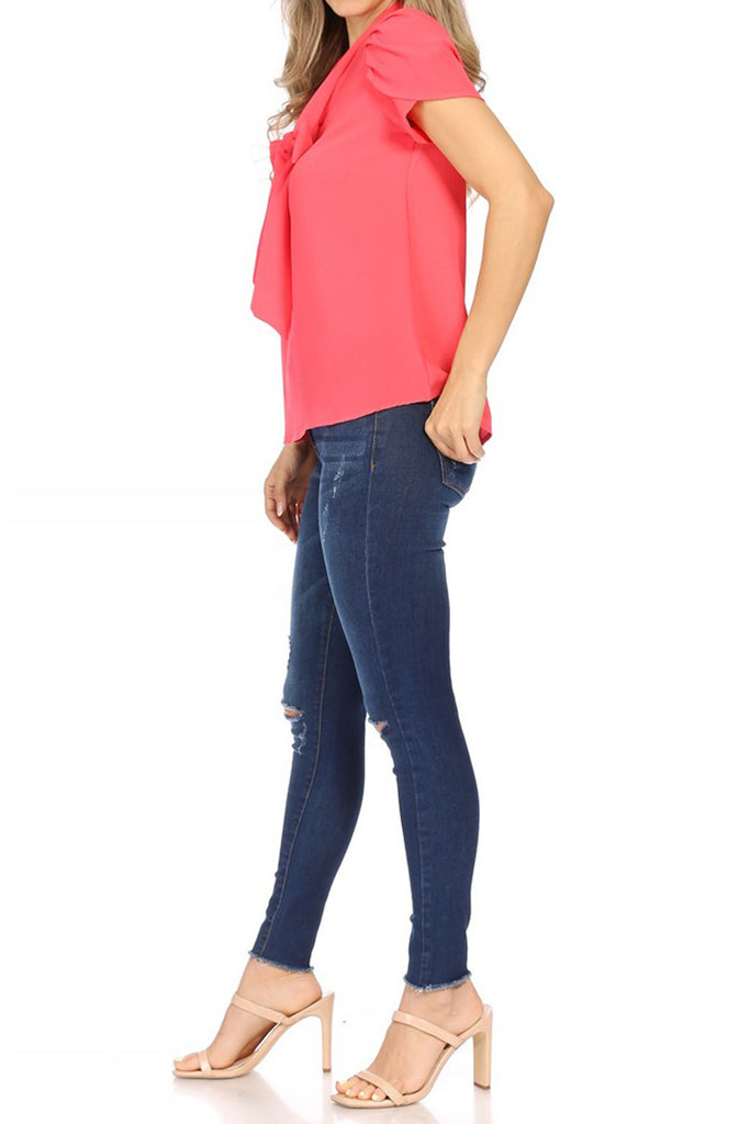 Women's Casual Petal Sleeve Bow Tie Neck Short Sleeve Blouse Top - FashionJOA