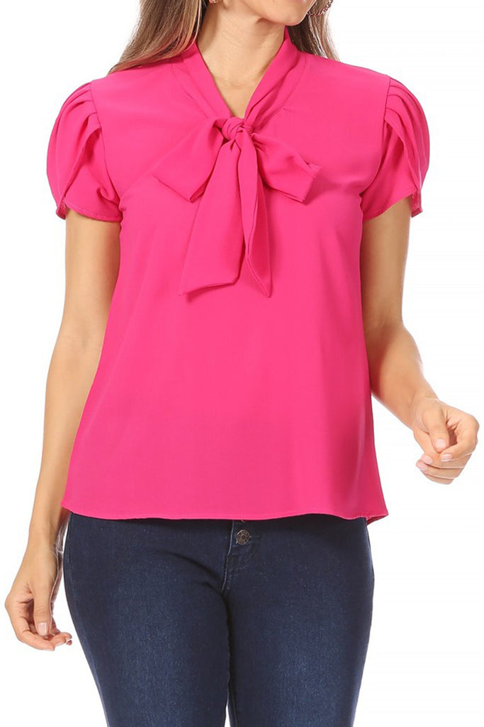 Women's Casual Petal Sleeve Bow Tie Neck Short Sleeve Blouse Top - FashionJOA