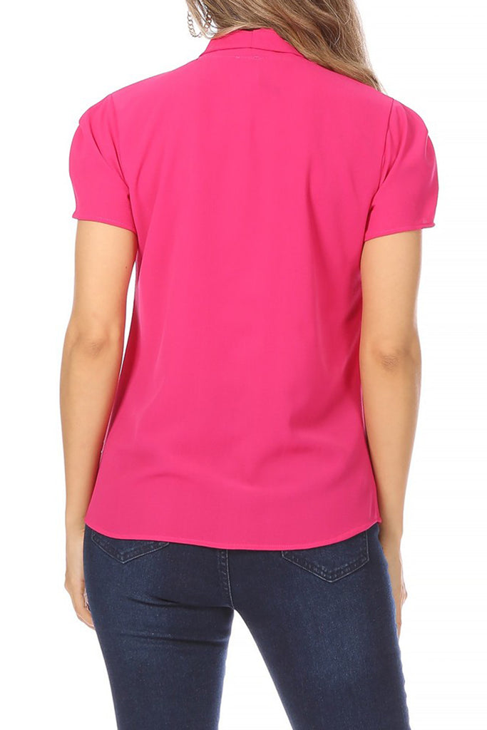 Women's Casual Petal Sleeve Bow Tie Neck Short Sleeve Blouse Top - FashionJOA