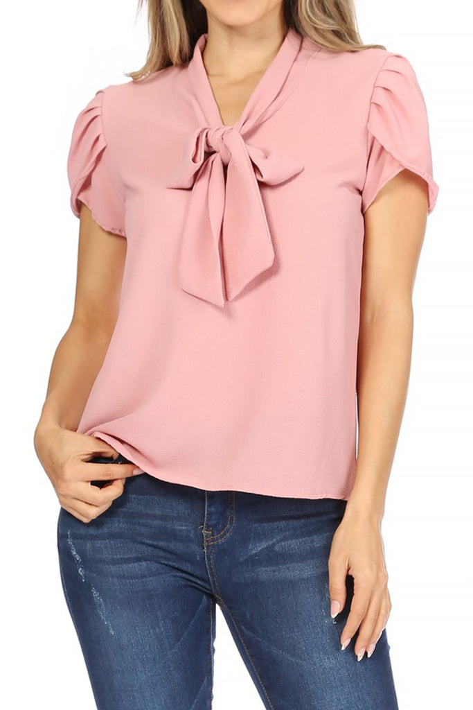 Women's Casual Petal Sleeve Bow Tie Neck Short Sleeve Blouse Top - FashionJOA