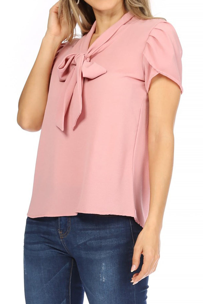 Women's Casual Petal Sleeve Bow Tie Neck Short Sleeve Blouse Top - FashionJOA