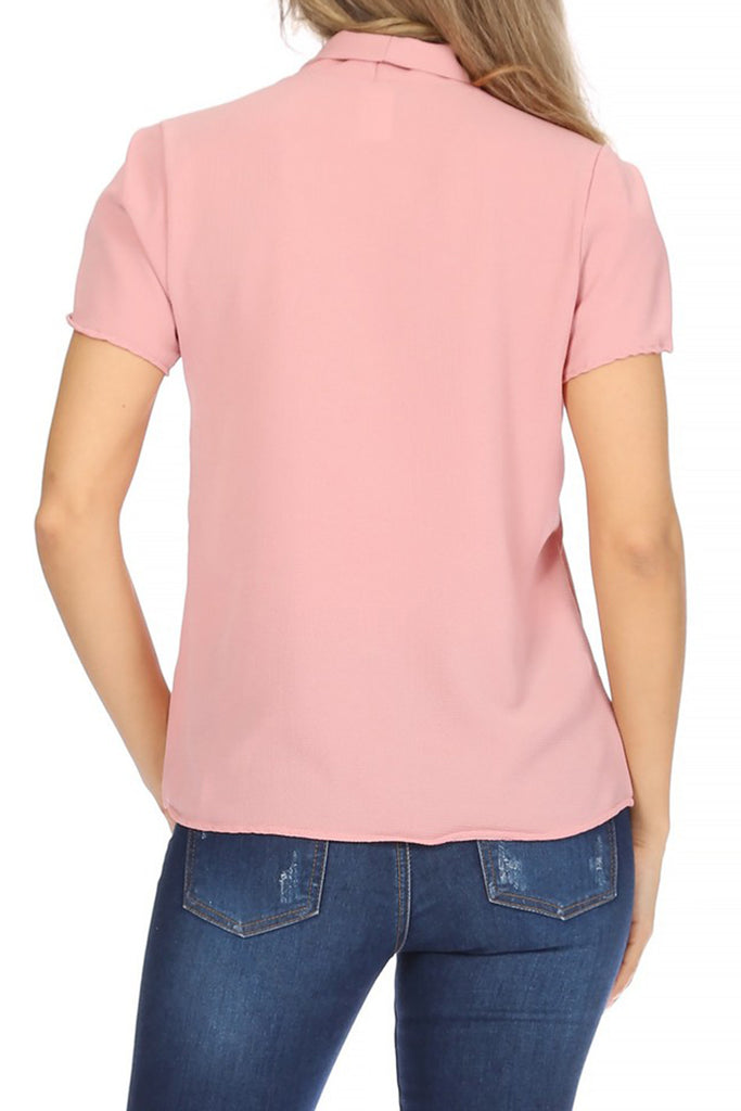 Women's Casual Petal Sleeve Bow Tie Neck Short Sleeve Blouse Top - FashionJOA