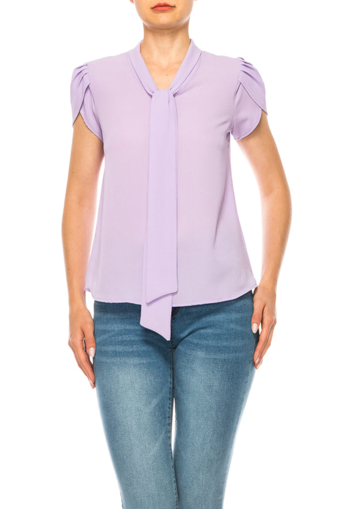 Women's Casual Petal Sleeve Bow Tie Neck Short Sleeve Blouse Top - FashionJOA