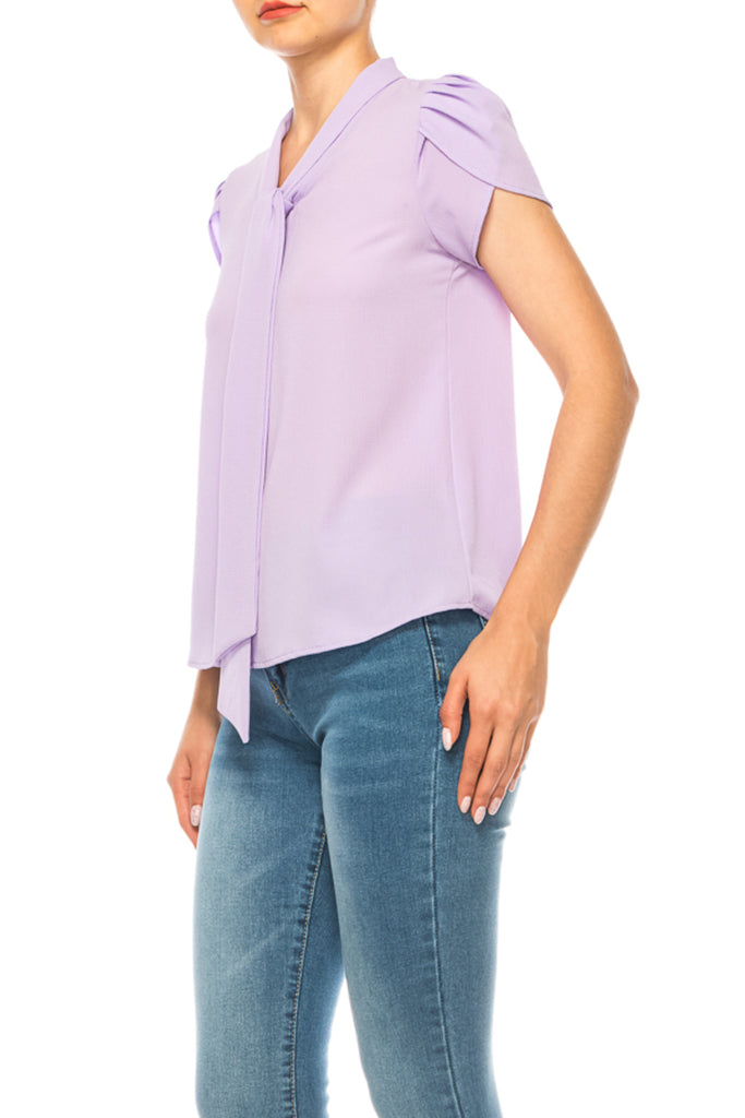 Women's Casual Petal Sleeve Bow Tie Neck Short Sleeve Blouse Top - FashionJOA