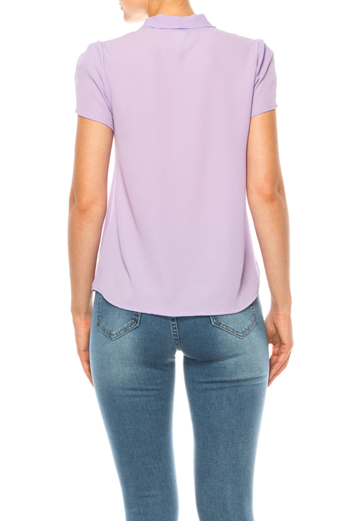 Women's Casual Petal Sleeve Bow Tie Neck Short Sleeve Blouse Top - FashionJOA