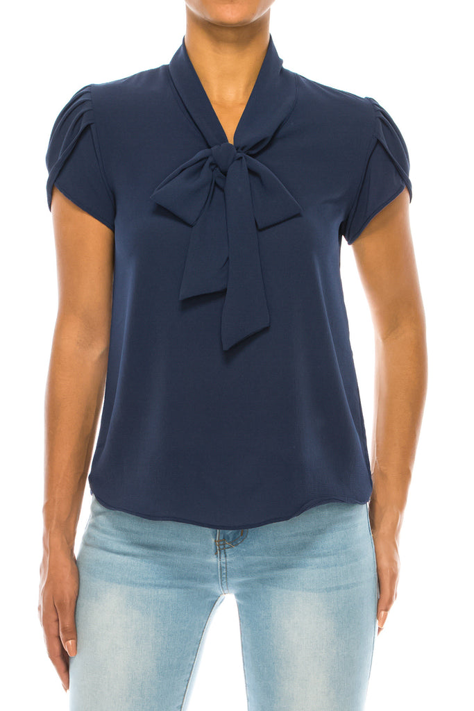 Women's Casual Petal Sleeve Bow Tie Neck Short Sleeve Blouse Top - FashionJOA