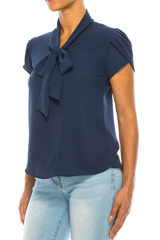 Women's Casual Petal Sleeve Bow Tie Neck Short Sleeve Blouse Top - FashionJOA