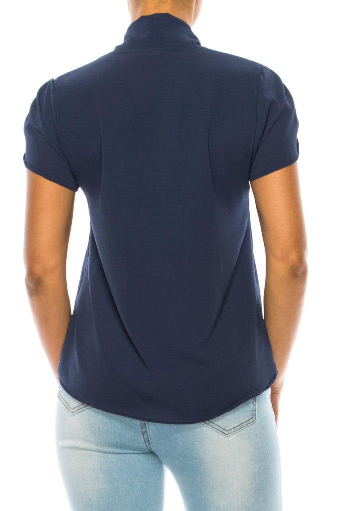 Women's Casual Petal Sleeve Bow Tie Neck Short Sleeve Blouse Top - FashionJOA