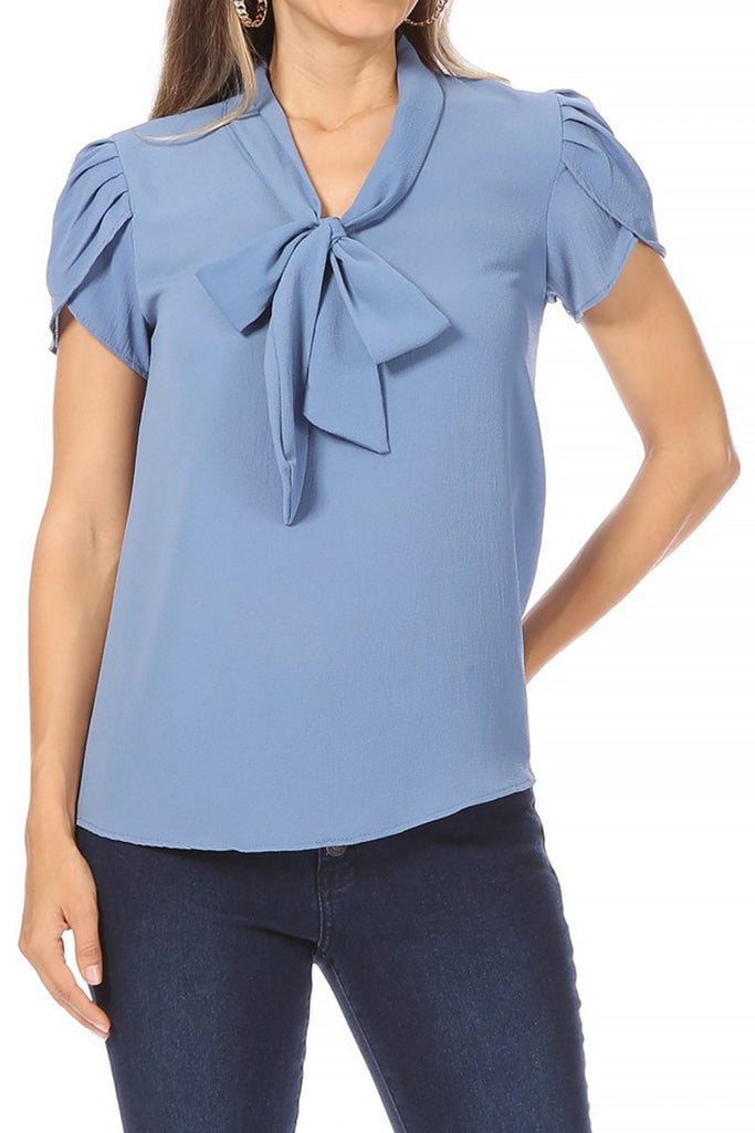 Women's Casual Petal Sleeve Bow Tie Neck Short Sleeve Blouse Top - FashionJOA