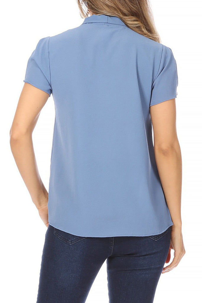 Women's Casual Petal Sleeve Bow Tie Neck Short Sleeve Blouse Top - FashionJOA