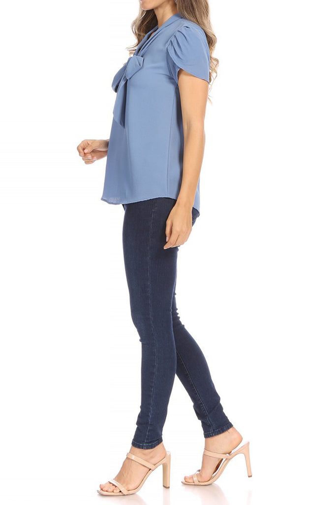Women's Casual Petal Sleeve Bow Tie Neck Short Sleeve Blouse Top - FashionJOA