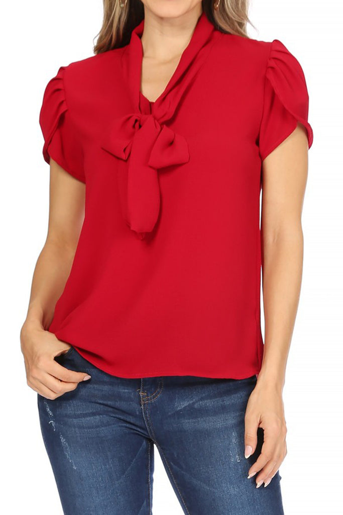 Women's Casual Petal Sleeve Bow Tie Neck Short Sleeve Blouse Top - FashionJOA