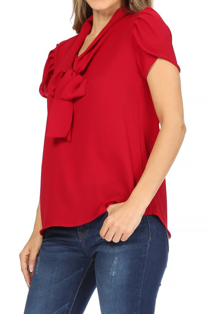 Women's Casual Petal Sleeve Bow Tie Neck Short Sleeve Blouse Top - FashionJOA