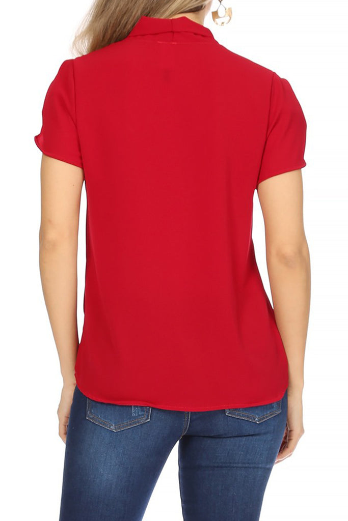 Women's Casual Petal Sleeve Bow Tie Neck Short Sleeve Blouse Top - FashionJOA