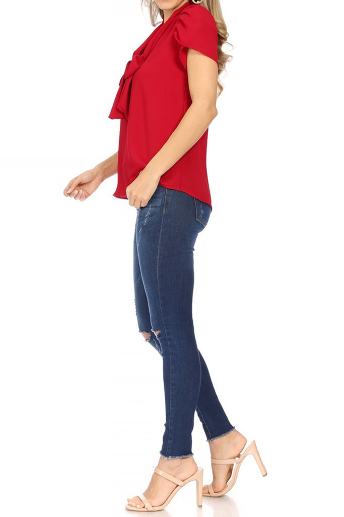 Women's Casual Petal Sleeve Bow Tie Neck Short Sleeve Blouse Top - FashionJOA