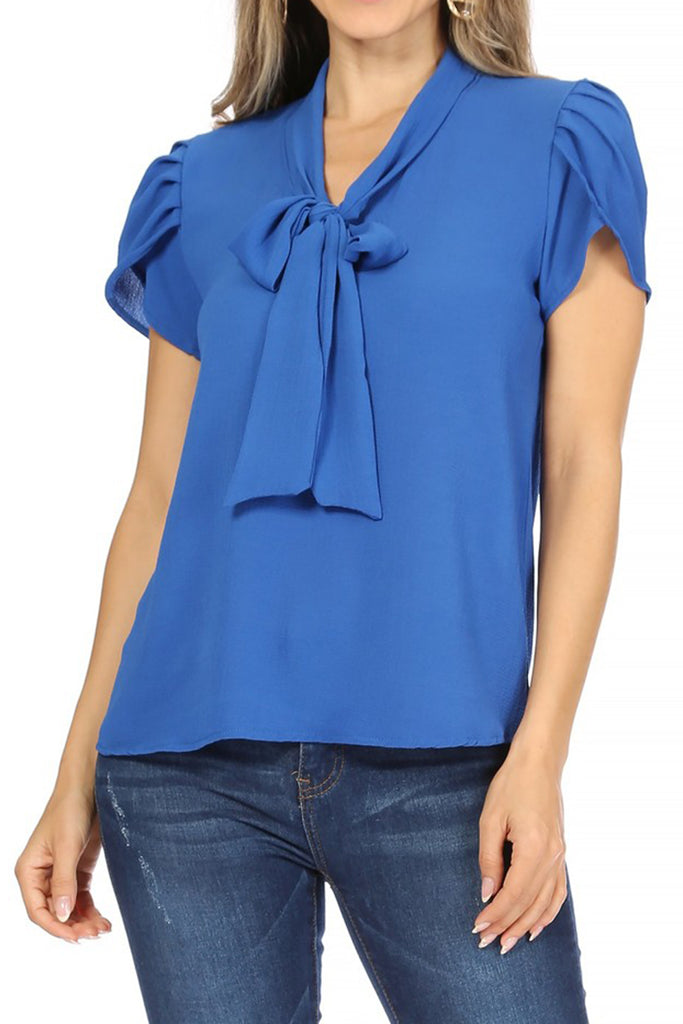 Women's Casual Petal Sleeve Bow Tie Neck Short Sleeve Blouse Top - FashionJOA