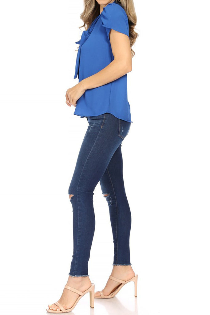 Women's Casual Petal Sleeve Bow Tie Neck Short Sleeve Blouse Top - FashionJOA