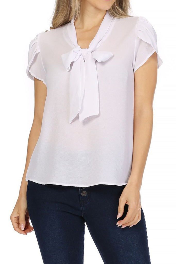 Women's Casual Petal Sleeve Bow Tie Neck Short Sleeve Blouse Top - FashionJOA