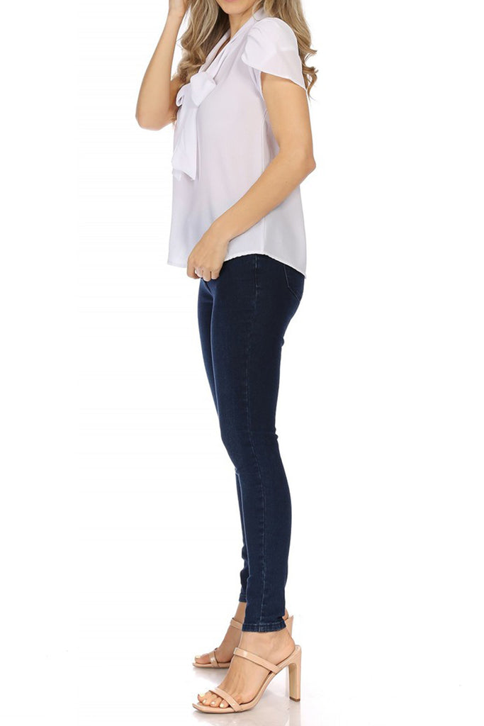 Women's Casual Petal Sleeve Bow Tie Neck Short Sleeve Blouse Top - FashionJOA