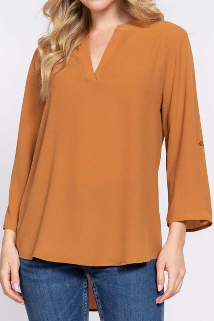 Women's 3/4 Roll up sleeve v-neck woven blouse - FashionJOA