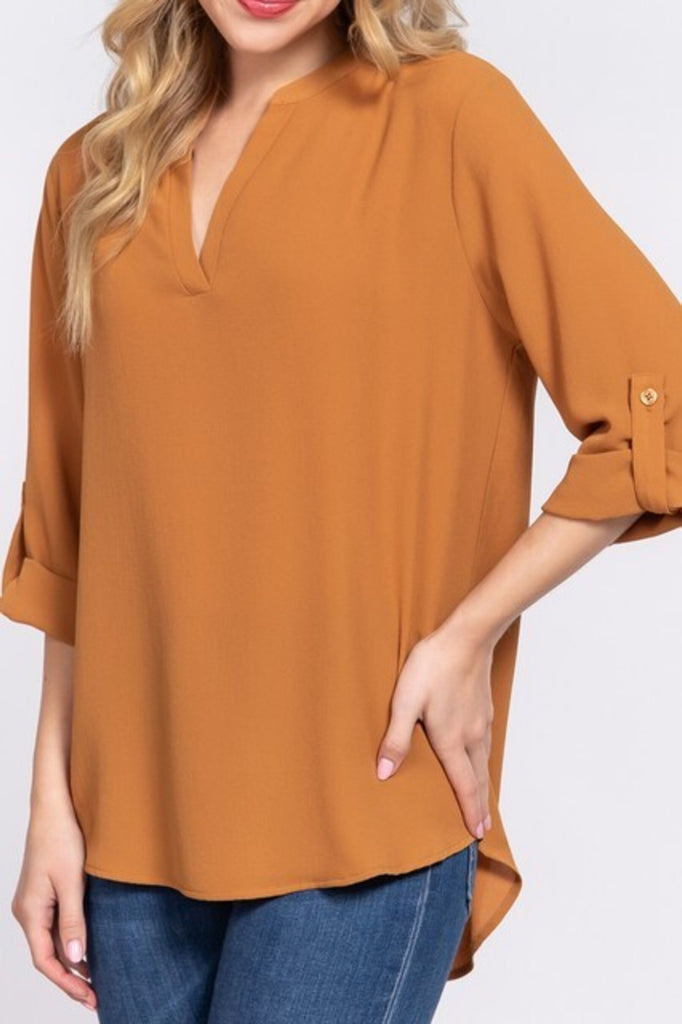 Women's 3/4 Roll up sleeve v-neck woven blouse - FashionJOA