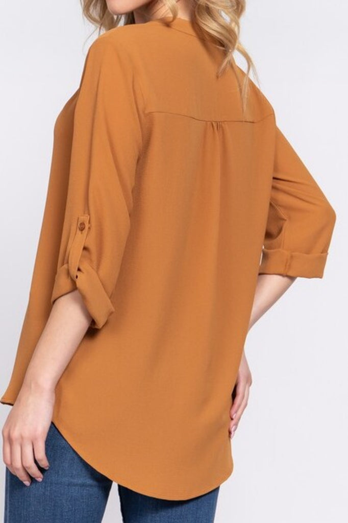 Women's 3/4 Roll up sleeve v-neck woven blouse - FashionJOA