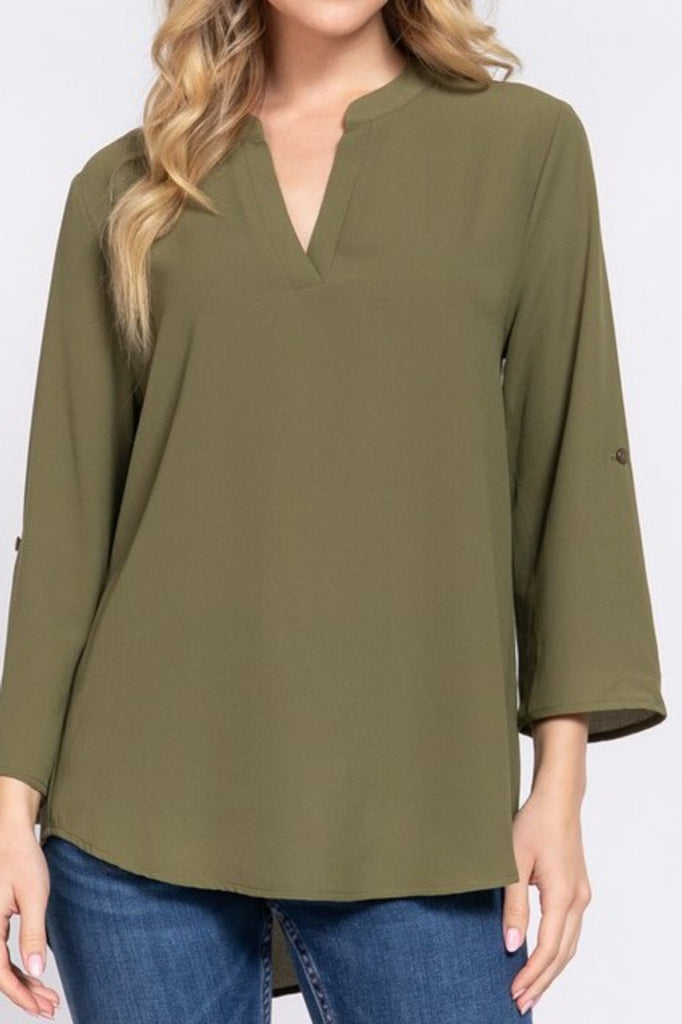 Women's 3/4 Roll up sleeve v-neck woven blouse - FashionJOA