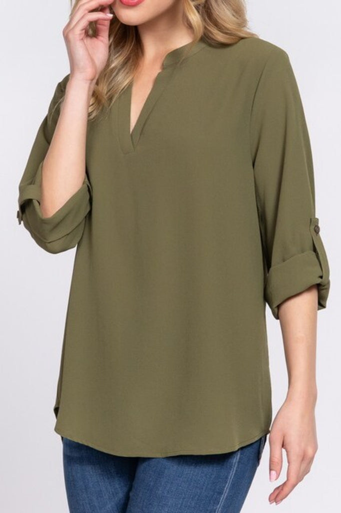 Women's 3/4 Roll up sleeve v-neck woven blouse - FashionJOA