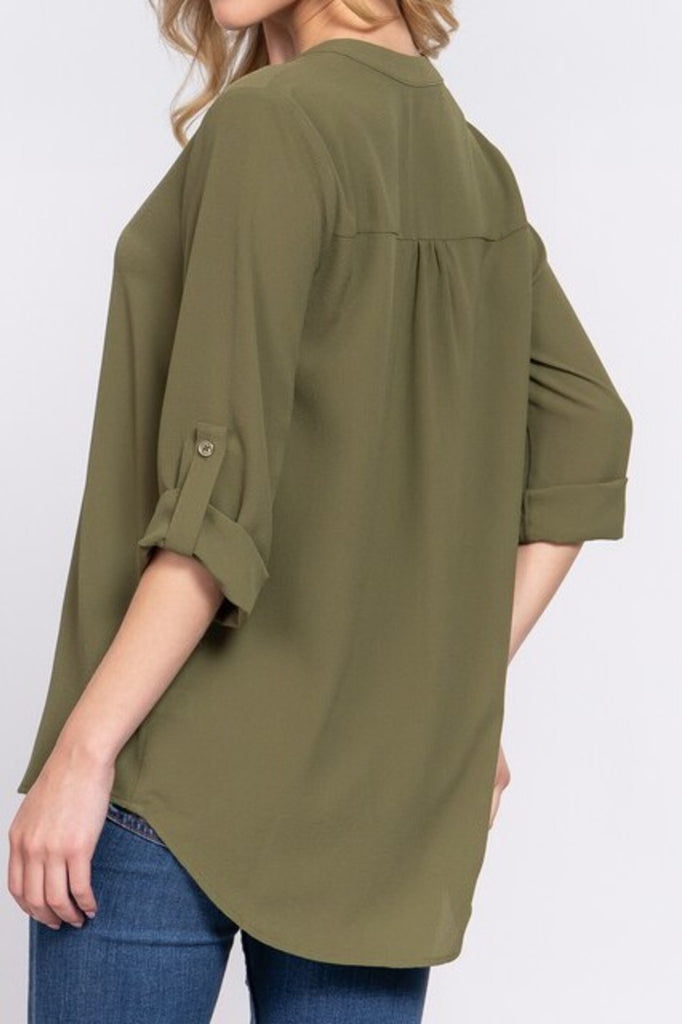 Women's 3/4 Roll up sleeve v-neck woven blouse - FashionJOA