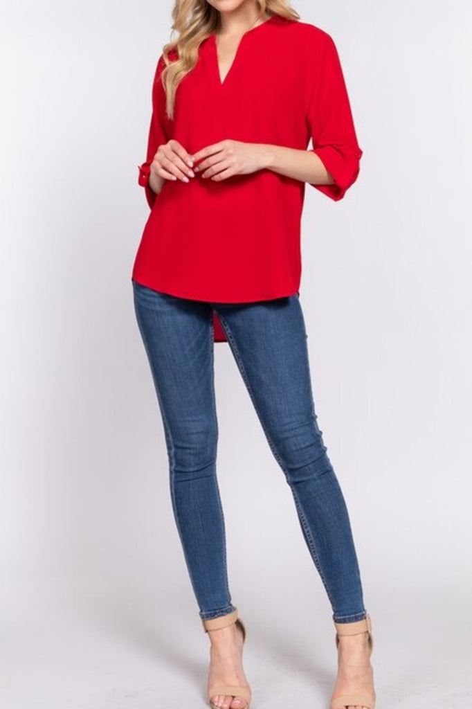 Women's 3/4 Roll up sleeve v-neck woven blouse - FashionJOA