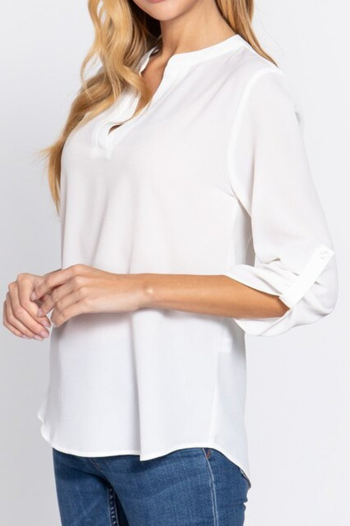 Women's 3/4 Roll up sleeve v-neck woven blouse - FashionJOA