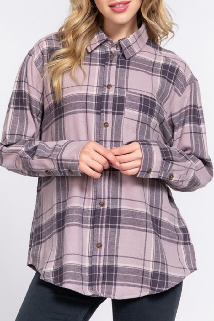 Women's Long sleeve notched collar plaid shirt - FashionJOA