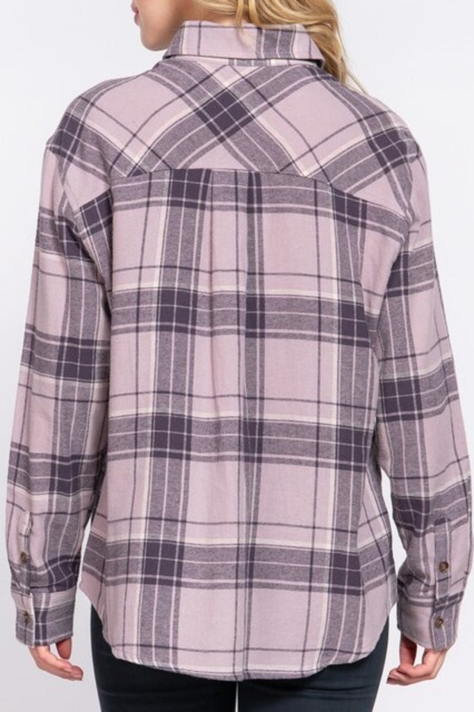 Women's Long sleeve notched collar plaid shirt - FashionJOA