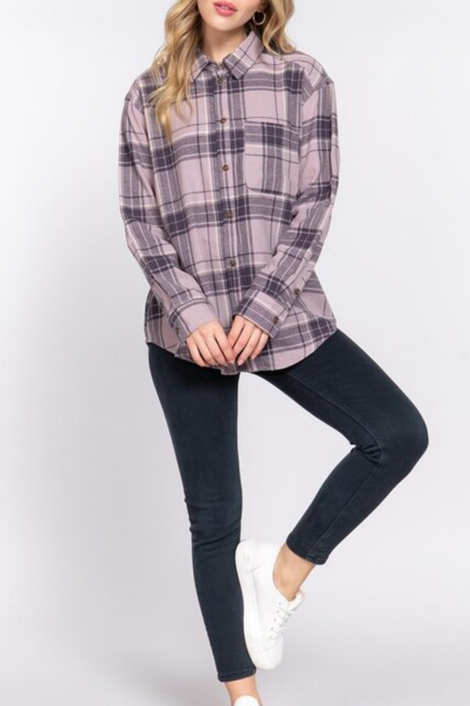 Women's Long sleeve notched collar plaid shirt - FashionJOA