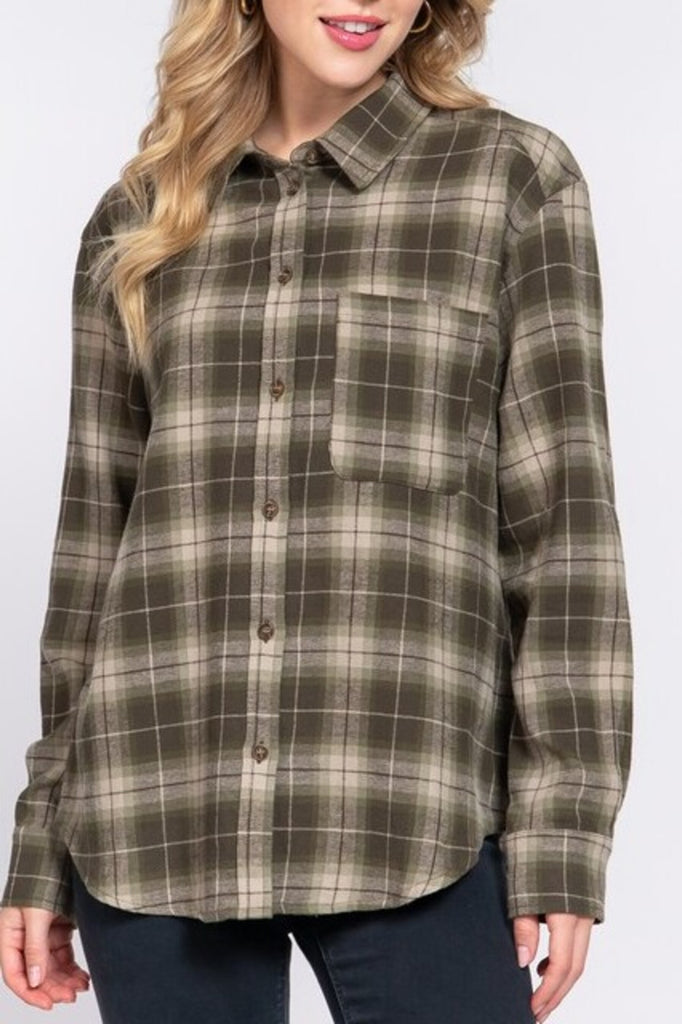 Women's Long sleeve notched collar plaid shirt - FashionJOA